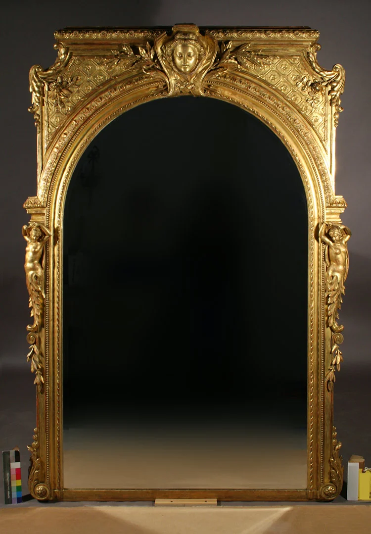 Mirror frame post-conservation with replacement mirror glass