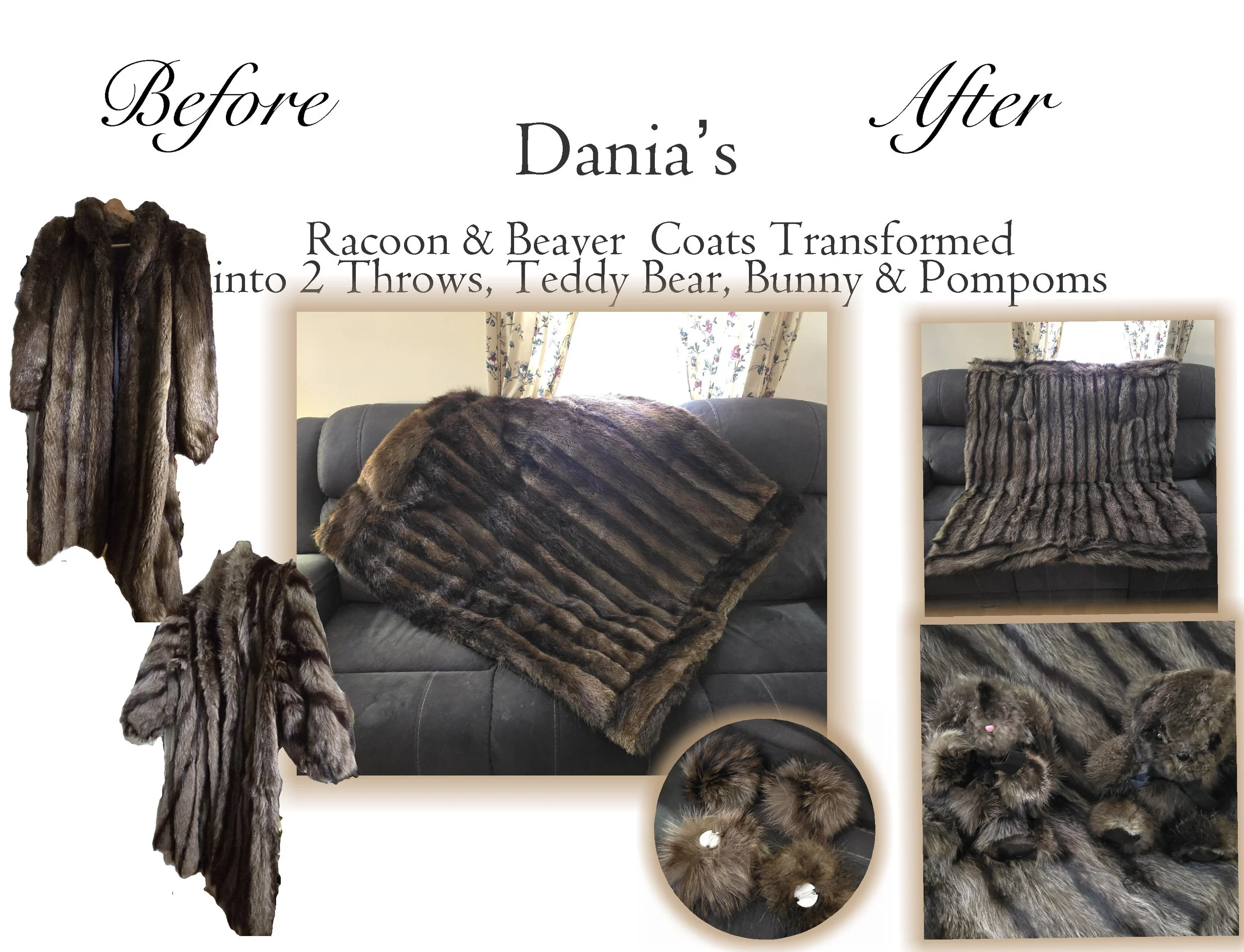 Dania's Racoon &amp; Beaver  Coats Transformed  into 2 Throws, Teddy Bear, Bunny &amp; Pompoms