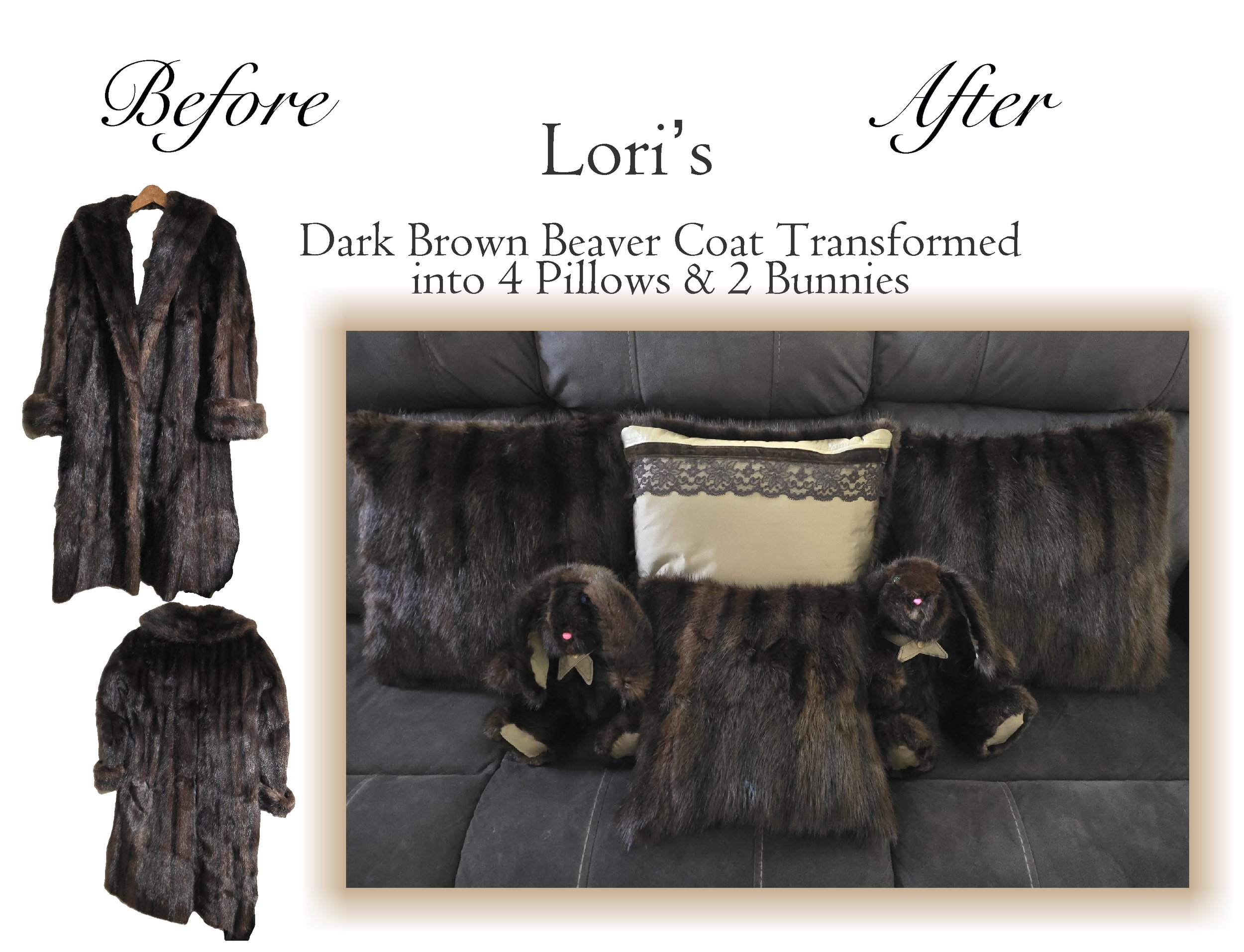 Lori's Dark Brown Beaver Coat Transformed  into 4 Pillows &amp; 2 Bunnies
