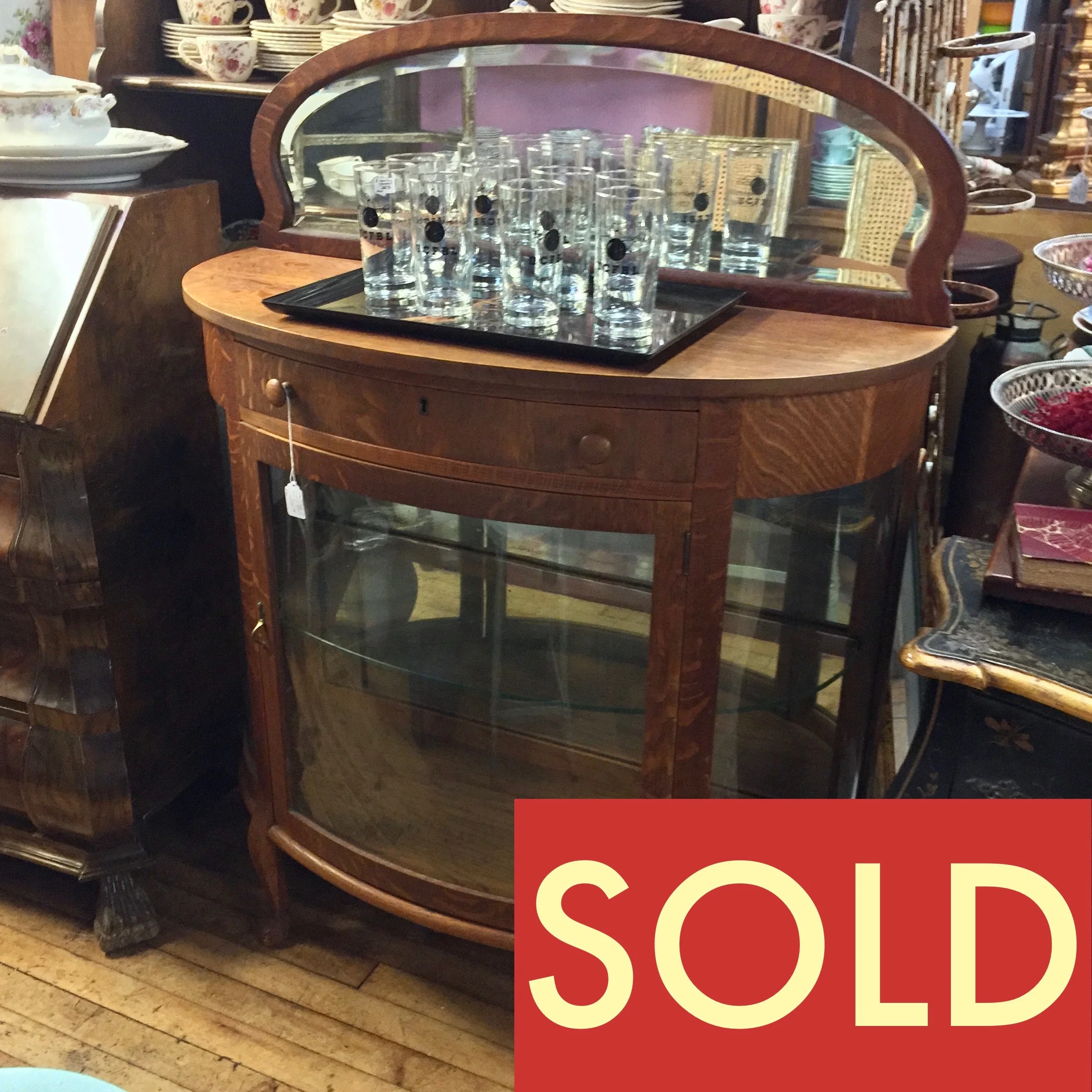 Oak & Curved Glass Curio Cabinet