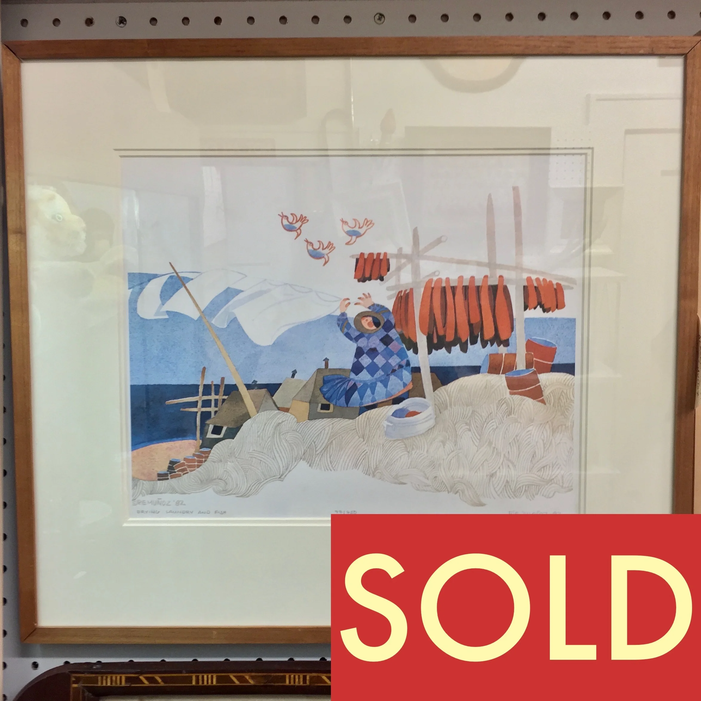 Signed Lithograph, "Drying Laundry and Fish," Rie´ Muñoz, Alaska
