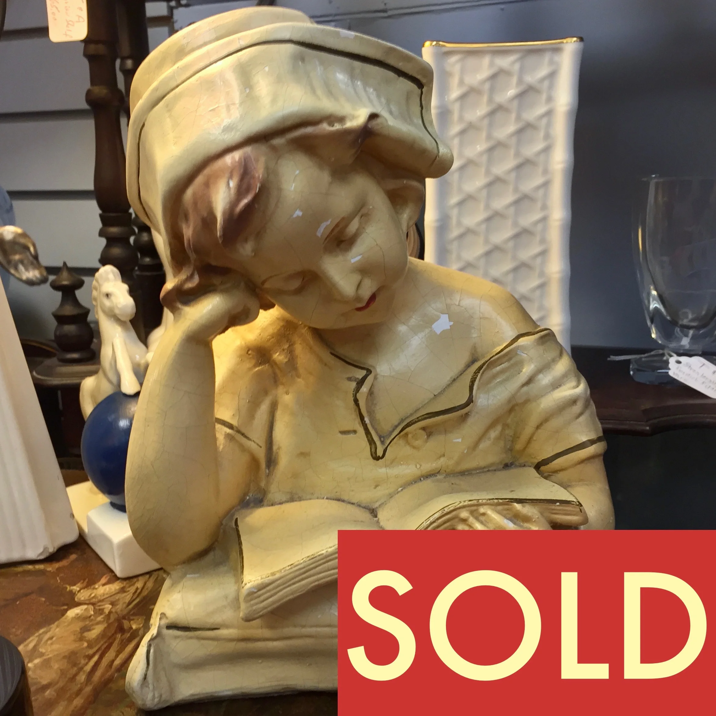 Vintage Chalkware Nurse Bust, signed