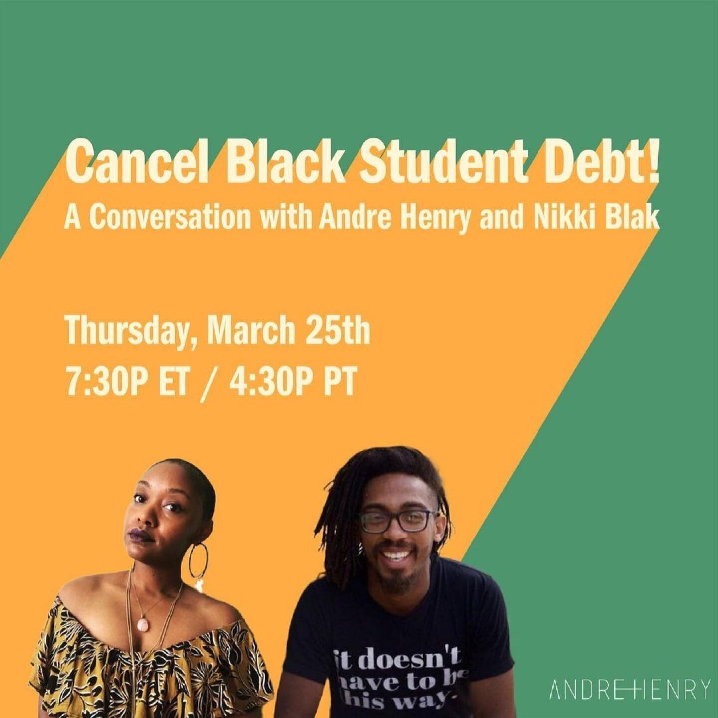 [REPOST from @theandrehenry]
Black educational debt is linked to the racial wealth gap. So what does that mean for Black women, who carry the most student debt? Let&rsquo;s get into it with @nikkiblak tomorrow 7:30P ET/4:30P PT.

Come with questions.