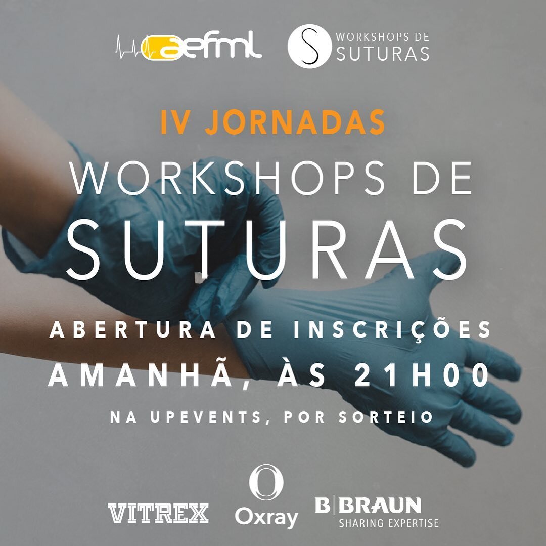 A 4&ordf; Edi&ccedil;&atilde;o das Jornadas de Suturas AEFML j&aacute; est&aacute; mesmo a chegar! 
As Jornadas de Workshops de Suturas AEFML s&atilde;o uma excelente oportunidade para refor&ccedil;o de uma t&eacute;cnica t&atilde;o importante na pr&aacute;tica m&eacute;dica. Composta por v&aacute;rios workshops com n&iacute;veis diferentes de aprendizagem, a 4&ordf; edi&ccedil;&atilde;o destas Jornadas destina-se a alunos do 3&ordm; ao 6&ordm; ano do MIM. Desde suturas b&aacute;sicas a suturas card&iacute;acas, passando por suturas vasculares, se est&aacute;s com saudades de p&ocirc;r &ldquo;as m&atilde;os na massa&rdquo;, ent&atilde;o n&atilde;o esperes mais, inscreve-te at&eacute; &agrave;s 21 horas de dia 24 de abril, na UpEvents!
Consulta toda a informa&ccedil;&atilde;o sobre as forma&ccedil;&otilde;es no site da AEFML.