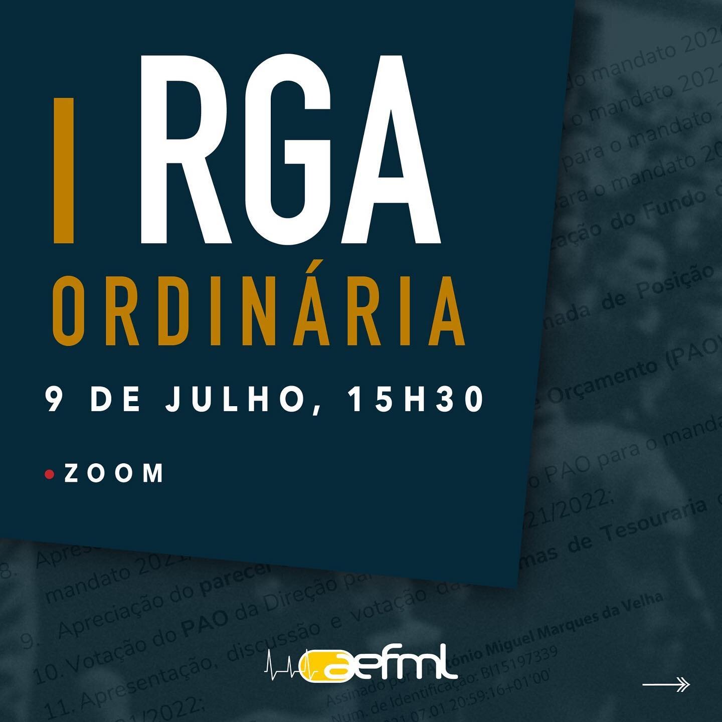 Caro/a colega,

No pr&oacute;ximo dia 9 de julho, pelas 15h30, ter&aacute; lugar a I RGA Ordin&aacute;ria do mandato 2021/2022 da AEFML, via Zoom.

Ter&aacute;s oportunidade de discutir o Plano de Atividades e o Or&ccedil;amento da AEFML, as Normas d