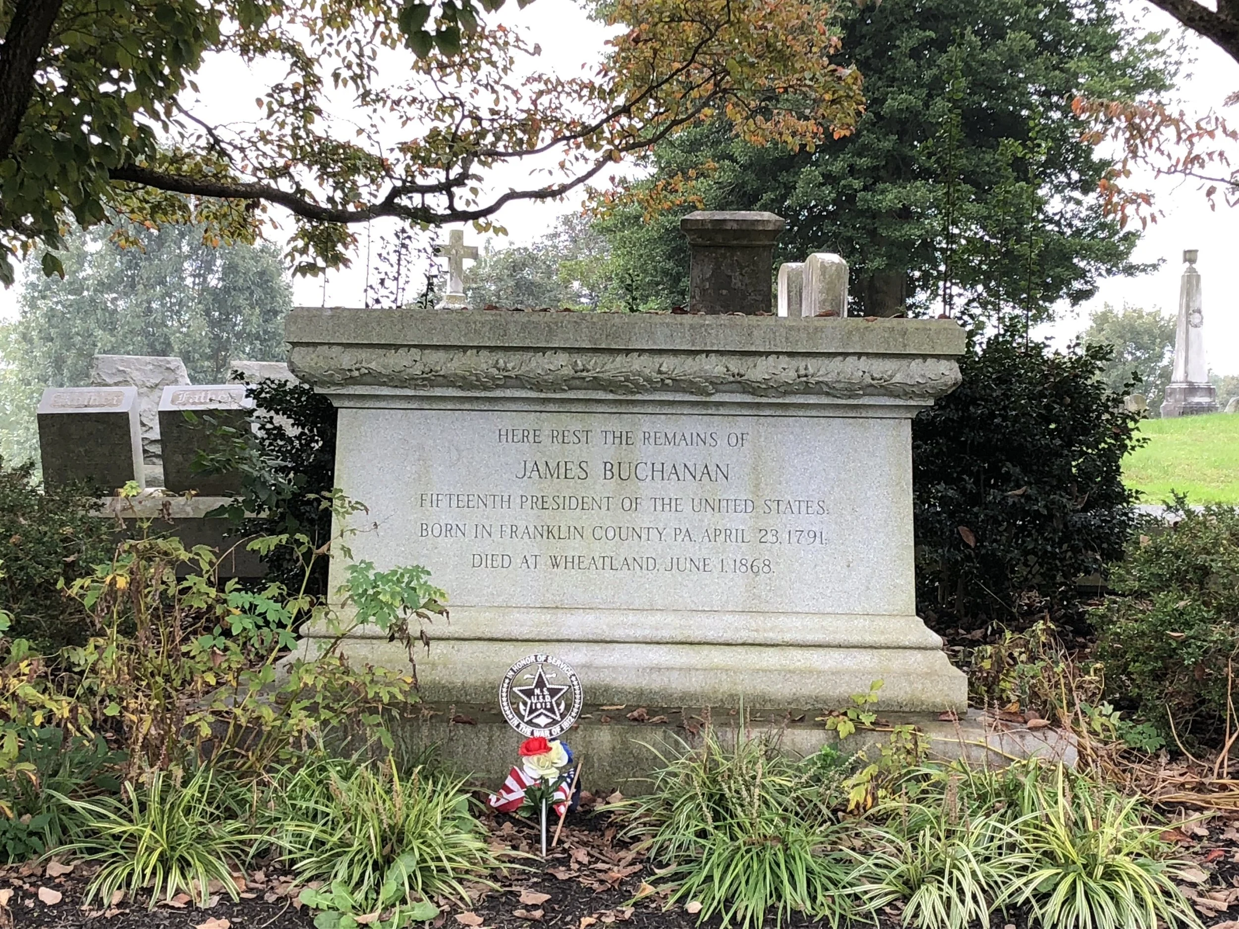 Buchanan’s grave in Lancaster at Woodward Hill Cemetery. He was not a popular figure by the time he left the Presidency but his gravesite is well manicured befitting a man who held our highest office.
