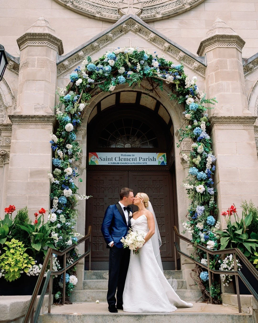it was such a pleasure to design T+B's august wedding and we landed on a classic blue &amp; white color palette and i loooooove how it turned out. and the floral at st. clement was a COINCIDENCE!! they decorate their own doors, and it was truly meant