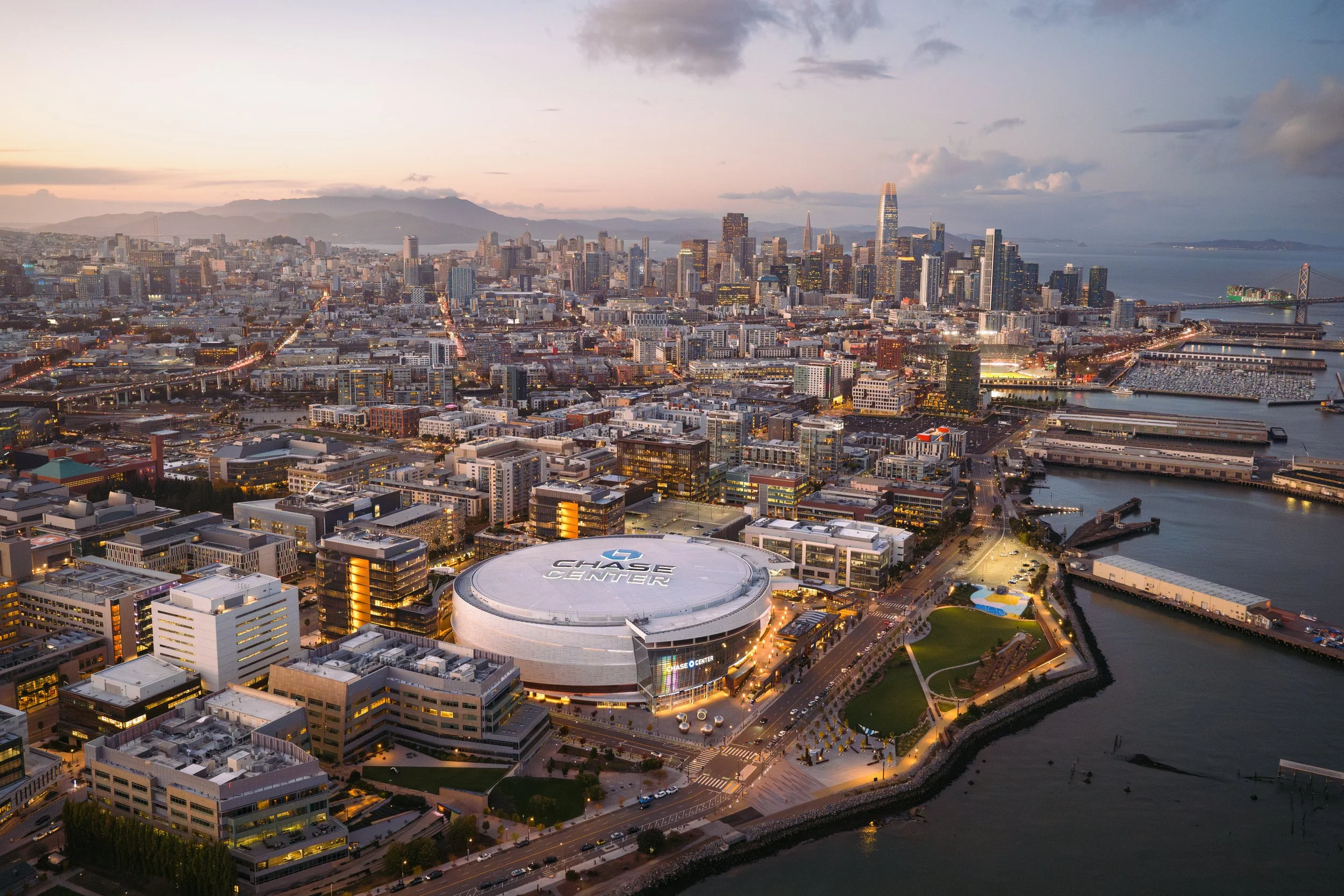 Chase Center's new bayfront park at dusk