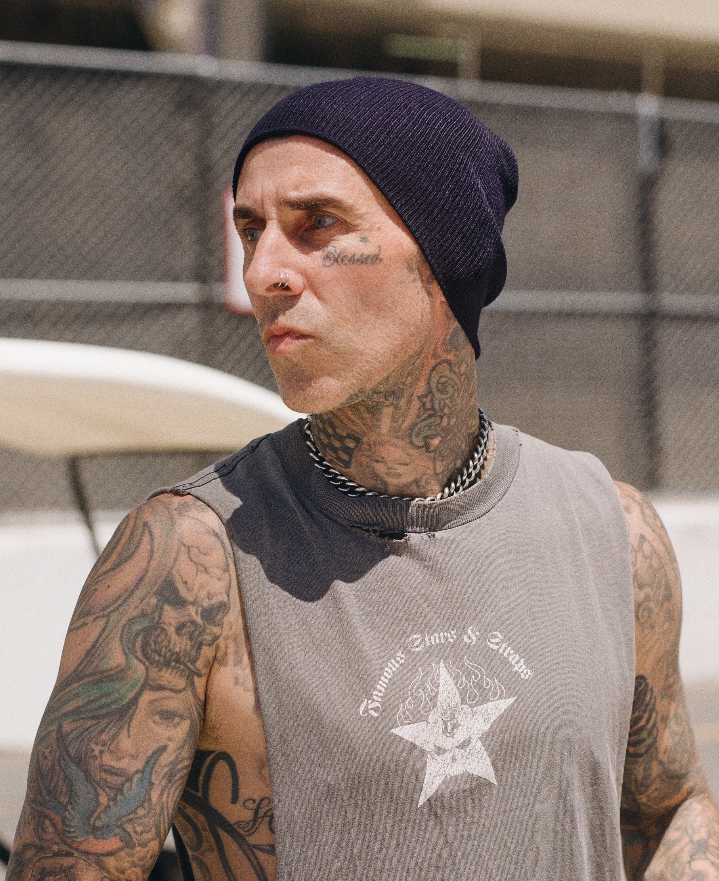 Travis Barker backstage at Vans Warped Tour, shot on Pentax 67 film