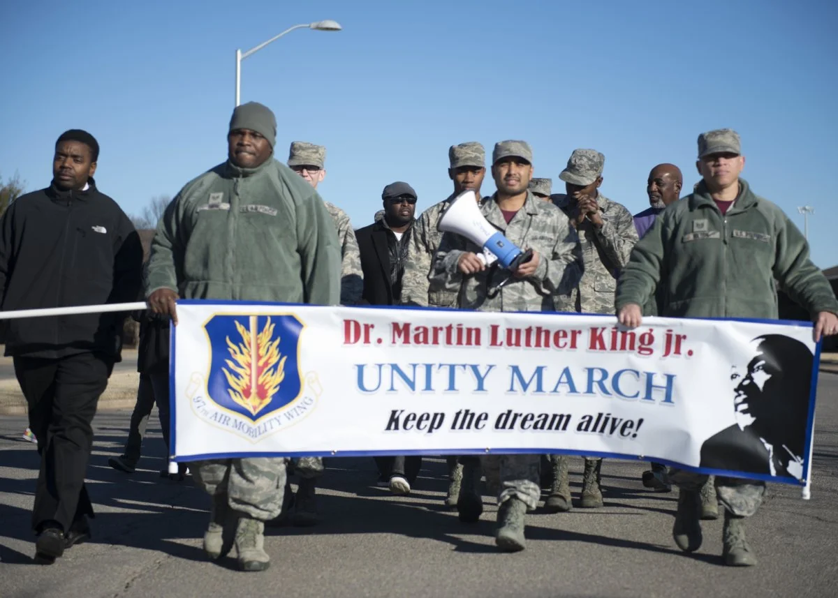 U.S. Air Force Airmen during a unity march, Jan. 2017, at Altus Air Force Base, Oklahoma. Photo by Airman Jackson Haddon.