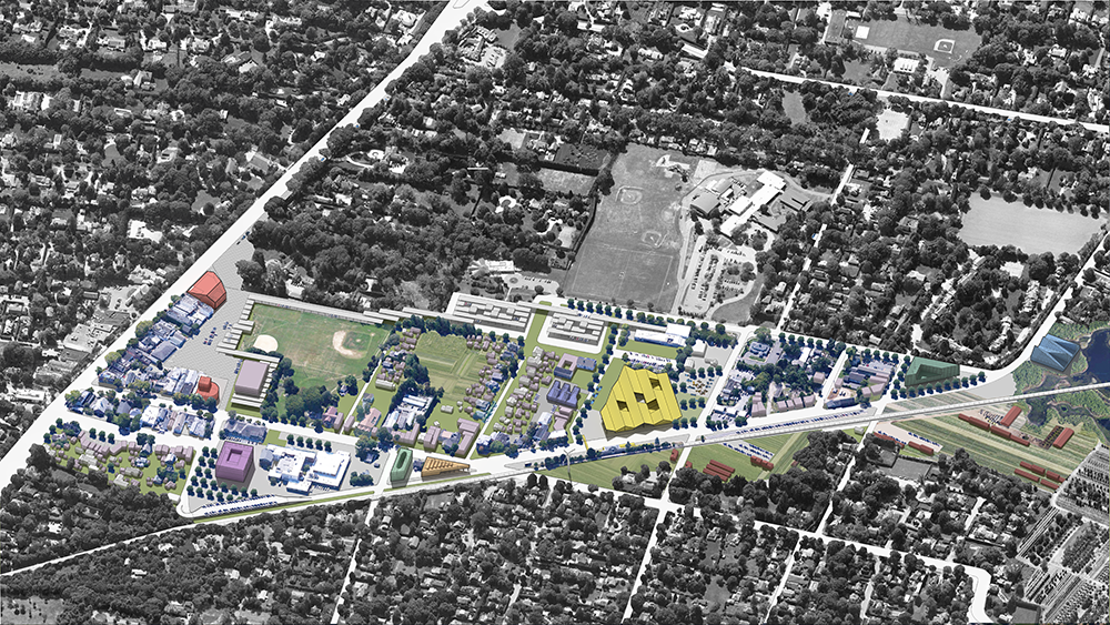 An aerial view of East Hampton Village, looking south over Main Street, Newtown Lane, and Railroad Avenue. 