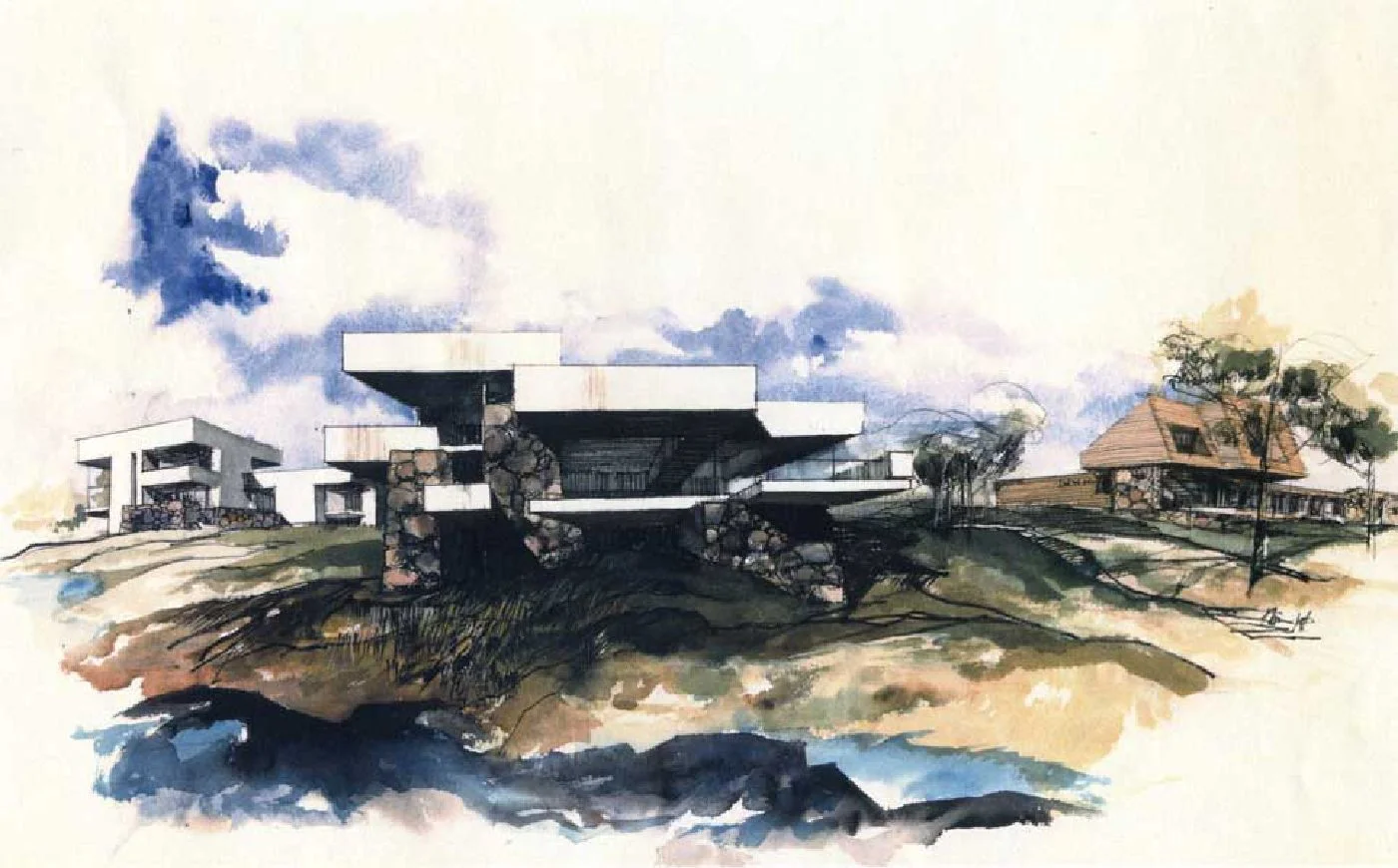 A rendering of three Shelter Island residences by Norman Jaffe
