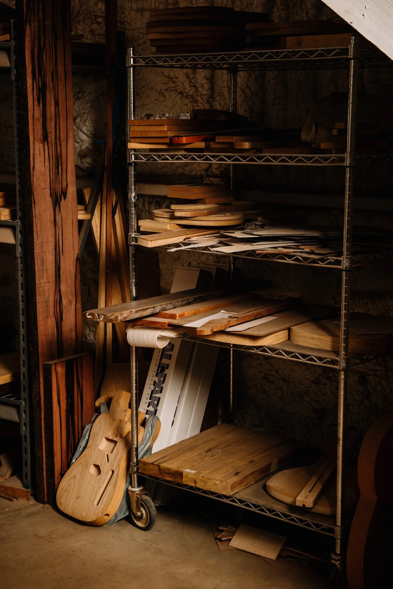 Stacks of Guitar tone wood available at Doubleday Guitars
