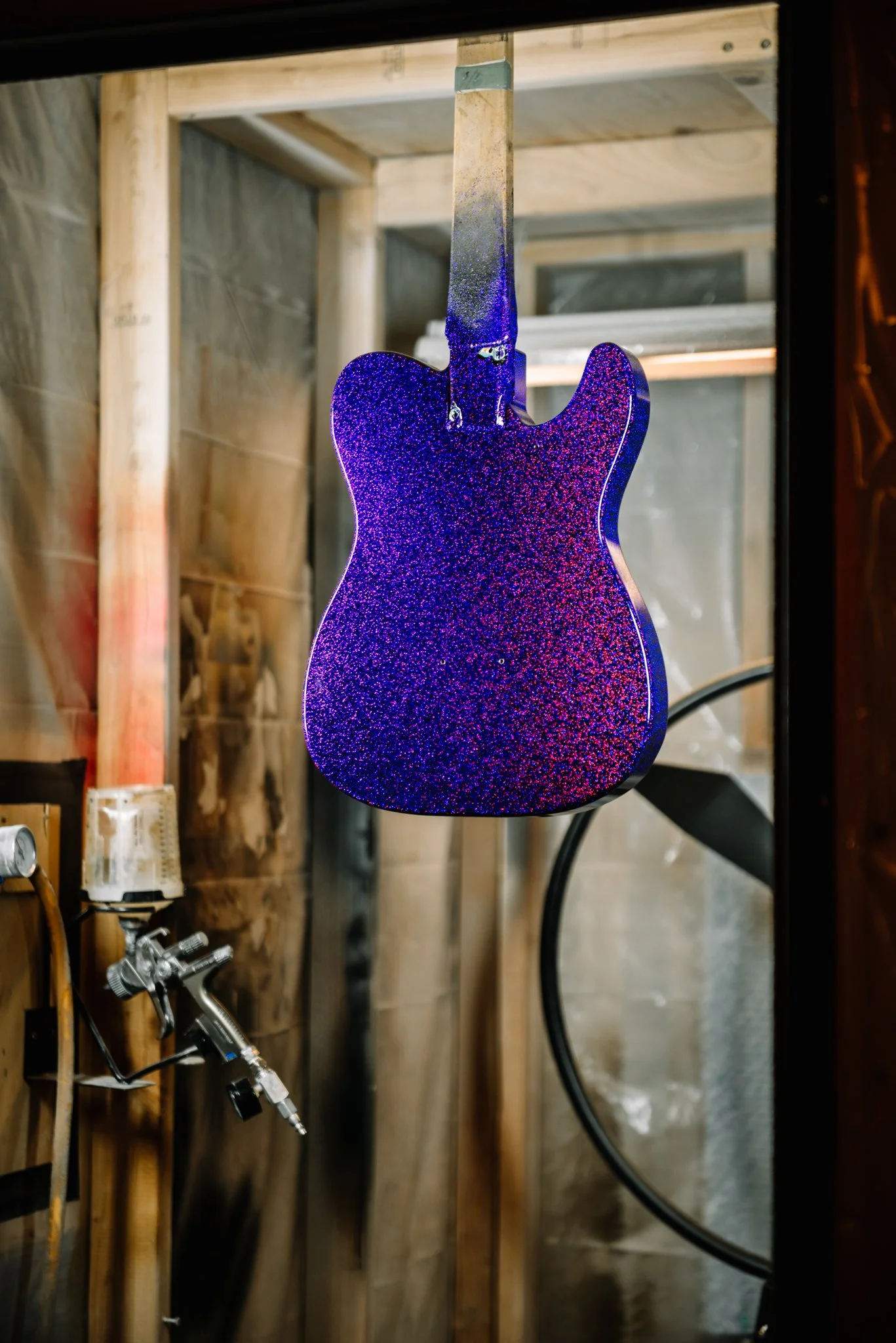Shiny Purple t-style guitar sprayed at Doubleday Guitars in Austin, TX
