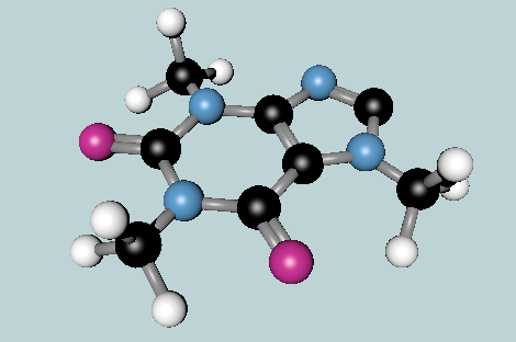 Caffeine molecule. Made in Blender, an open source 3D modeling and animation app.