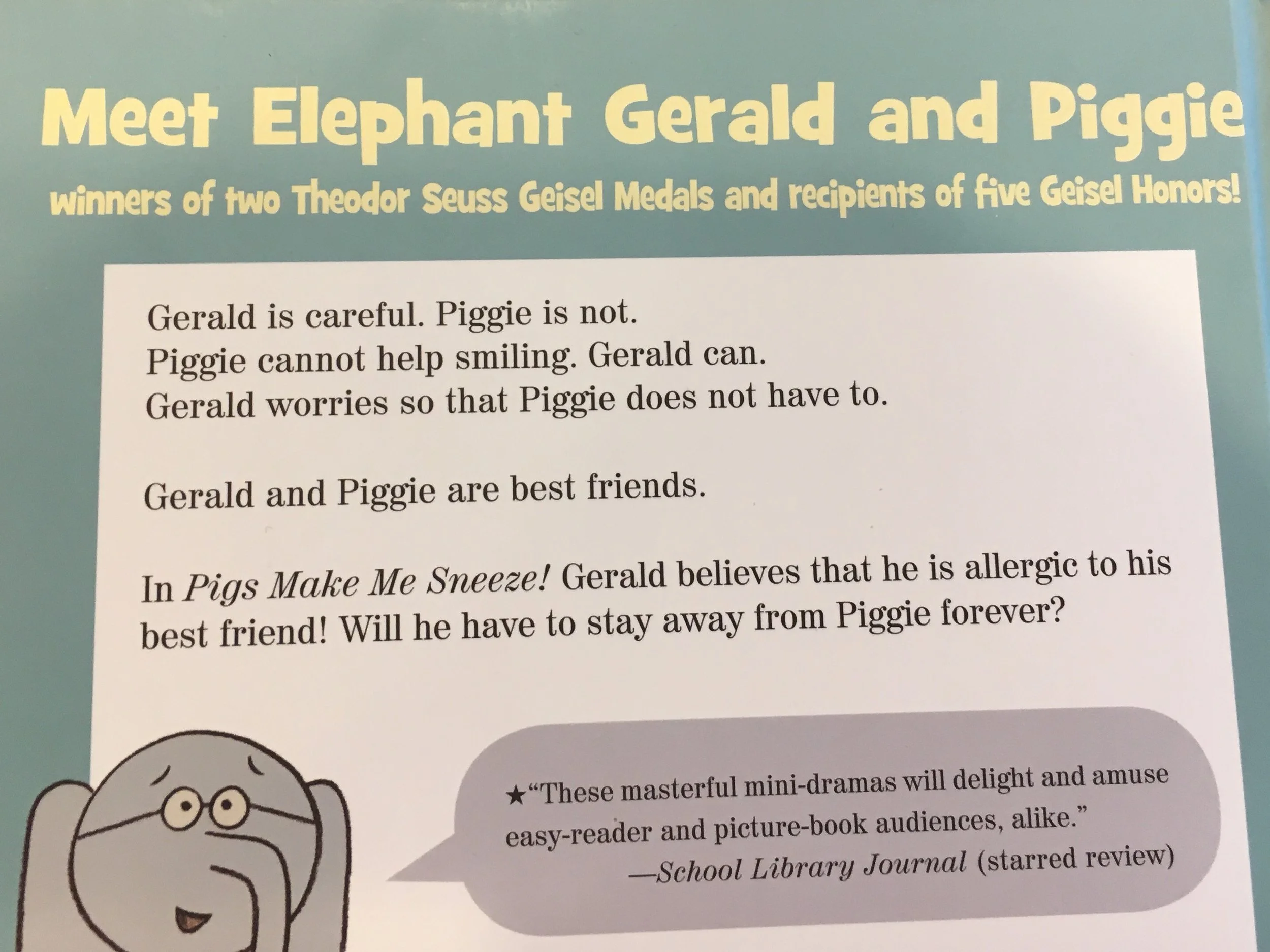 Image: back cover of an 'Elephant and Piggie' book by Mo Willems
