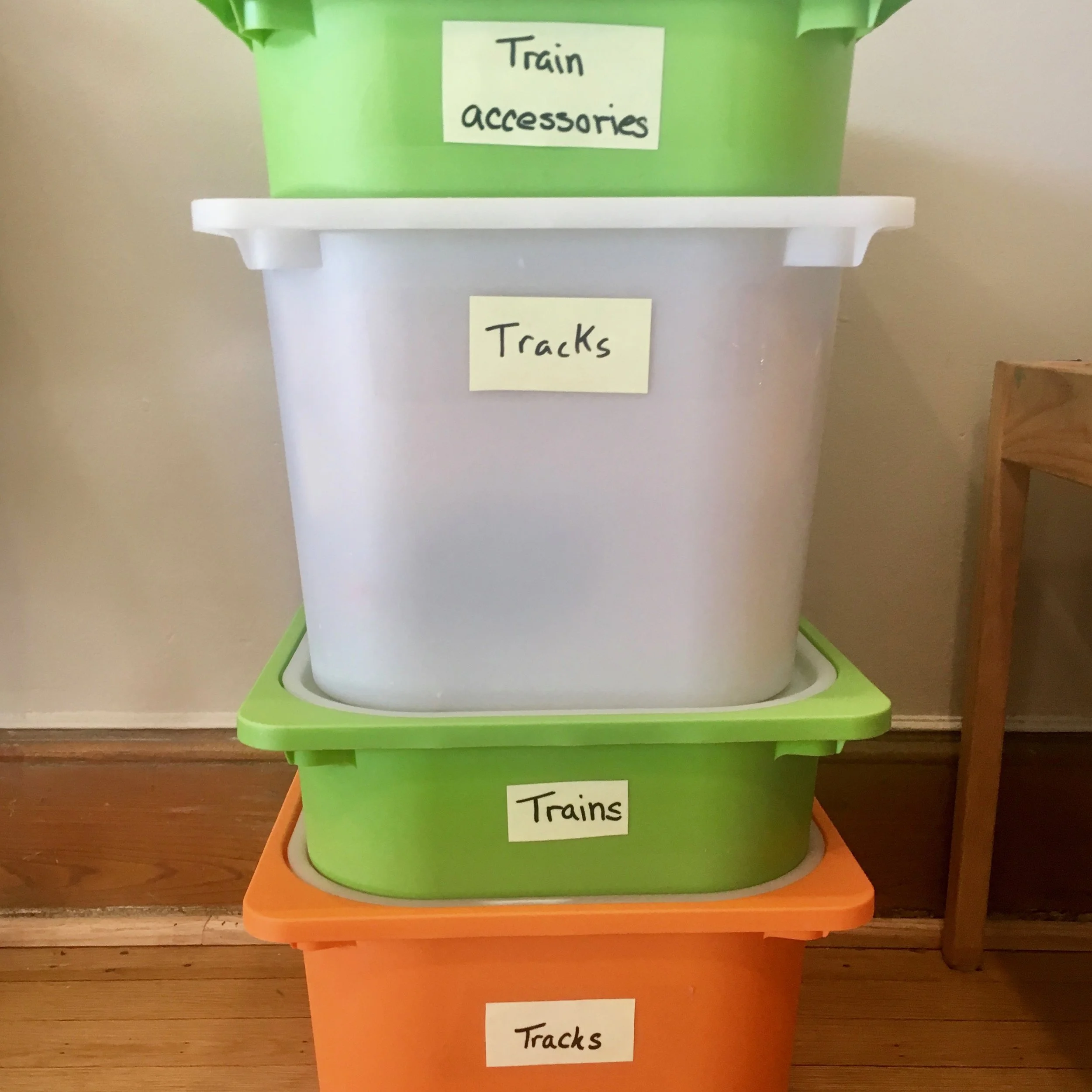 Image: Bins of toy trains