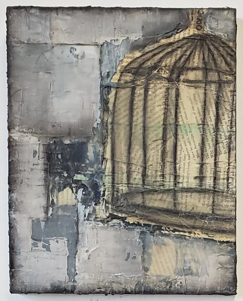  Cages in pages_01  10” x 8” mixed media on wood panel  $100 
