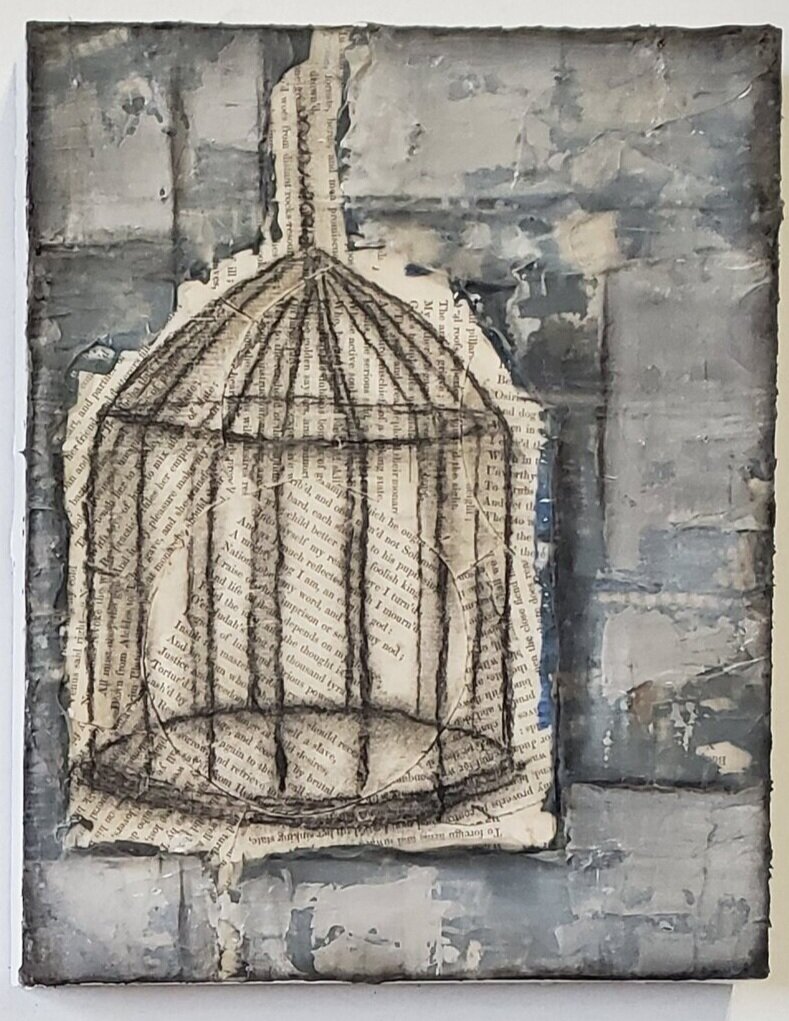  Cages in pages_02  10” x 8”, mixed media on wood panel  $100 