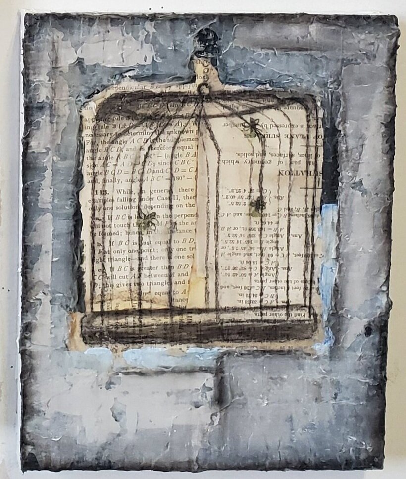  Cages in pages_03  10” x 8”, mixed media on wood panel  $100 