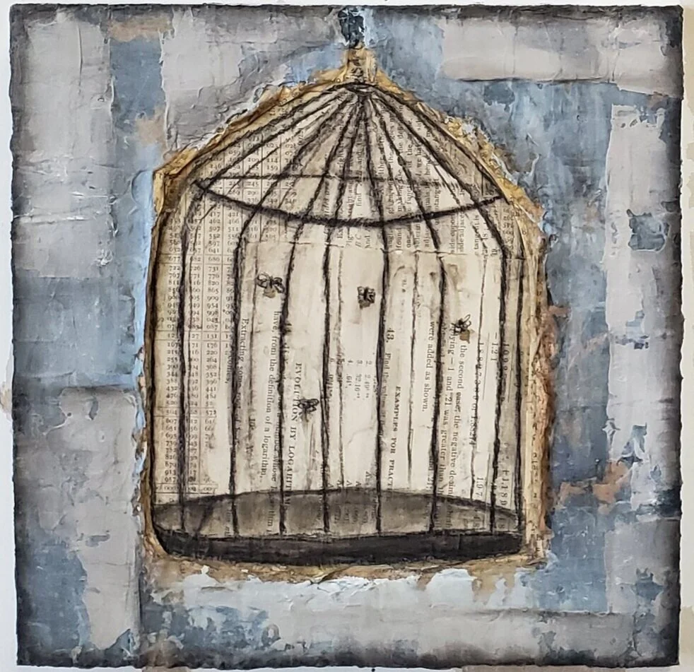  Cages in pages_04  10” x 10” mixed media on wood panel  $100 