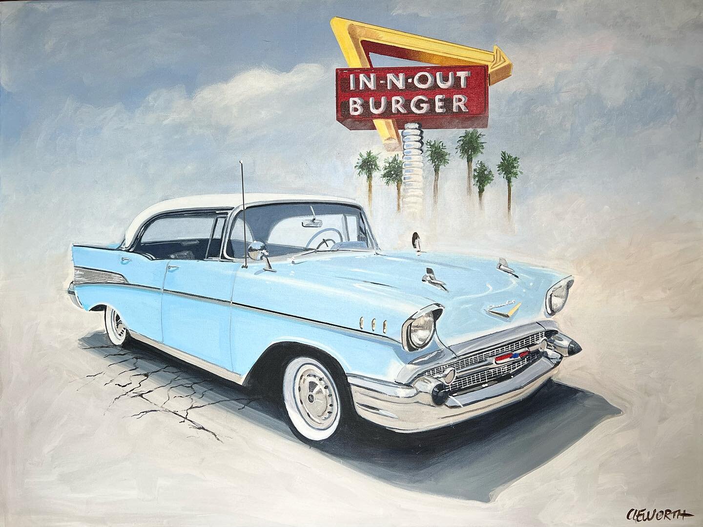 This past year I was commissioned by a 10 year old boy to paint his favorite car (1957 Chevy Bel Air) in front of his favorite fast food place @innout 

Never imagined I would be doing a painting for someone so young at my age. 

Hope you guys like i