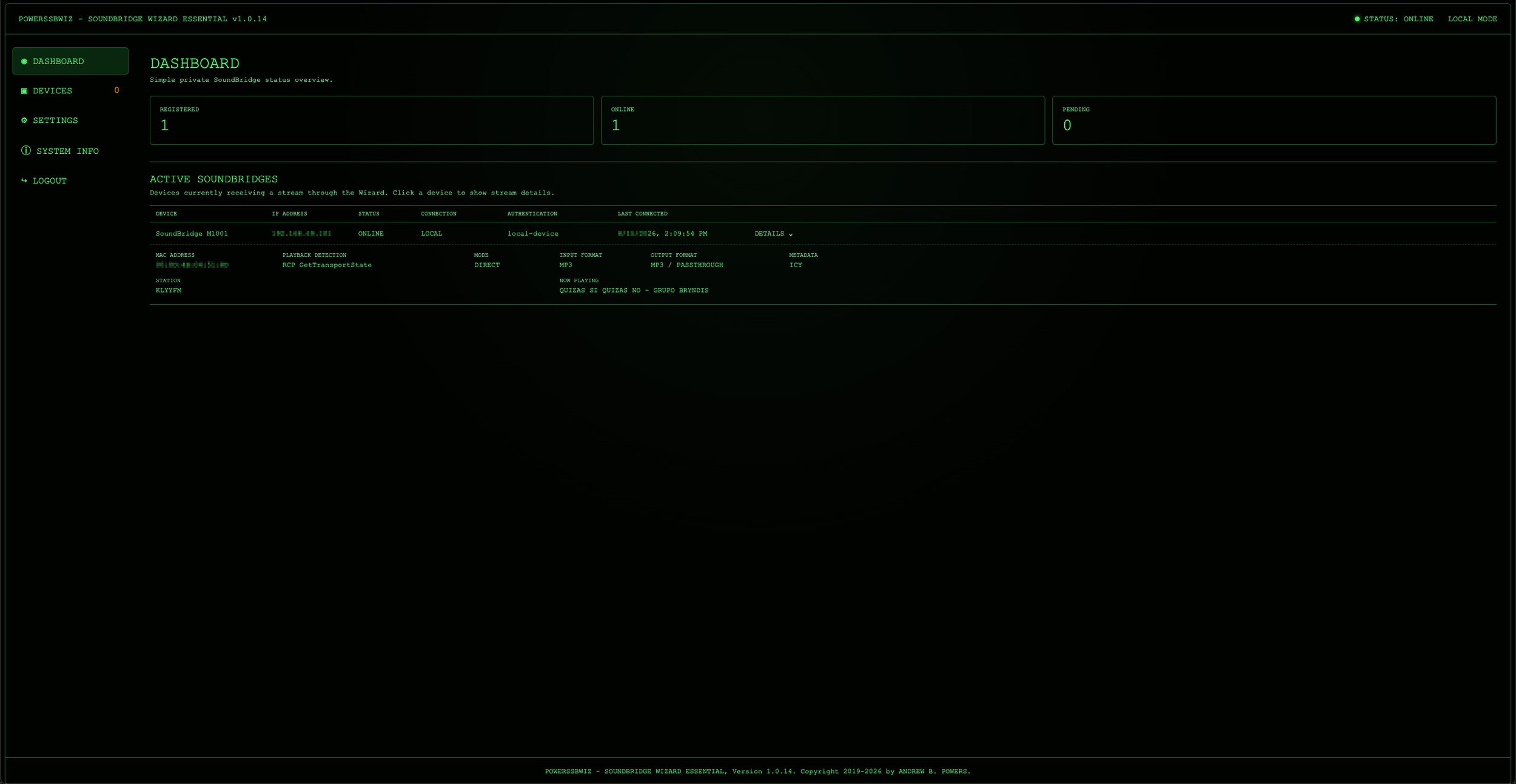 POWERSSBWIZ - SOUNDBRIDGE WIZARD ESSENTIAL - Dashboard