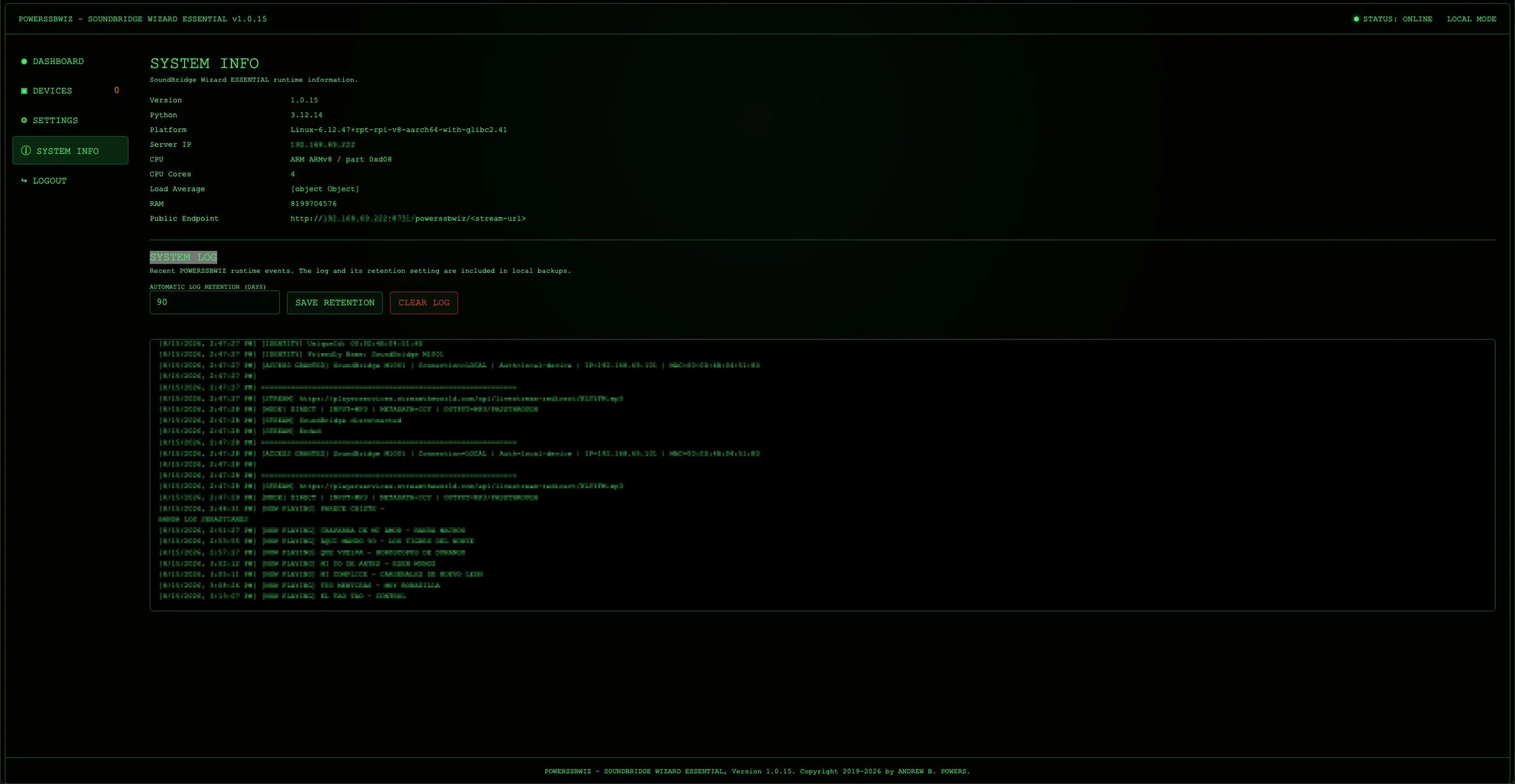 POWERSSBWIZ - SOUNDBRIDGE WIZARD ESSENTIAL - System Info