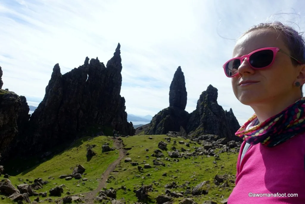 The Old Man of Storr is the most iconic place on the Isle of Skye. Read this article to learn how to hike it for magnificent views and unforgivable adventure! awomanafoot.com | Hiking trails in Scotland | What to do on the Isle of Skye | Best activities in Scotland | Scottish travel | Best travel destinations in Europe | #Skye #Storr #Scotland #Hiking #Solo #HikingTrail #FemaleHiker #Travel #Europe #ActiveTravel