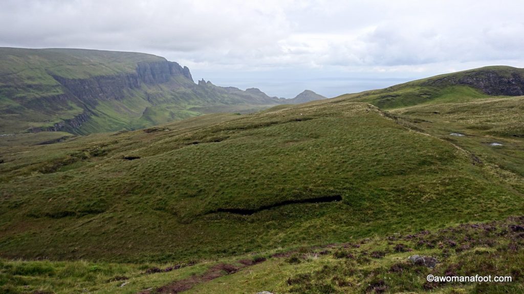 Hiking the Isle of Skye's Trotternish Ridge - not for the faint of heart! awomanafoot.com Fantastic and challanging two-day hike on the Skye Trail. #hiking #Skye #Scotland #SkyeTrail #solo #femalehikers #Highlands | Hiking in Scotland | Women hiking solo on Skye | Female solo hikers | #Trotternish |