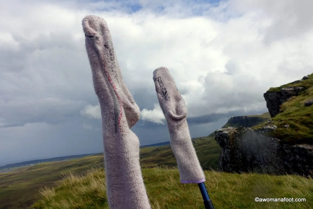 Hiking the Isle of Skye's Trotternish Ridge - not for the faint of heart! awomanafoot.com Fantastic and challanging two-day hike on the Skye Trail. #hiking #Skye #Scotland #SkyeTrail #solo #femalehikers #Highlands | Hiking in Scotland | Women hiking solo on Skye | Female solo hikers | #Trotternish |