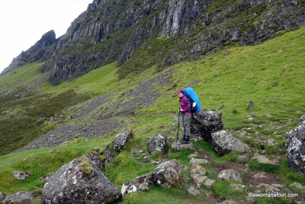 Hiking the Isle of Skye's Trotternish Ridge - not for the faint of heart! awomanafoot.com Fantastic and challanging two-day hike on the Skye Trail. #hiking #Skye #Scotland #SkyeTrail #solo #femalehikers #Highlands | Hiking in Scotland | Women hiking solo on Skye | Female solo hikers | #Trotternish |