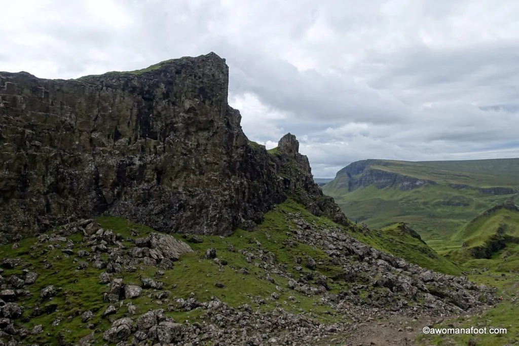 Hiking the Isle of Skye's Trotternish Ridge - not for the faint of heart! awomanafoot.com Fantastic and challanging two-day hike on the Skye Trail. #hiking #Skye #Scotland #SkyeTrail #solo #femalehikers #Highlands | Hiking in Scotland | Women hiking solo on Skye | Female solo hikers | #Trotternish |