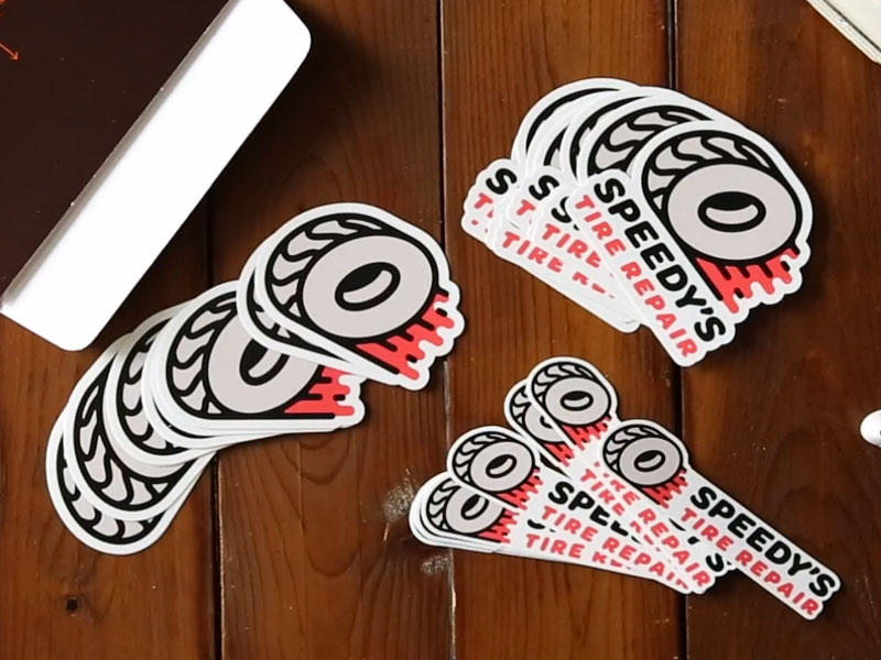 While explaining how to add custom die-cuts to sticker designs, I created variations on the Speedy’s logo to showcase each problem one might encounter.