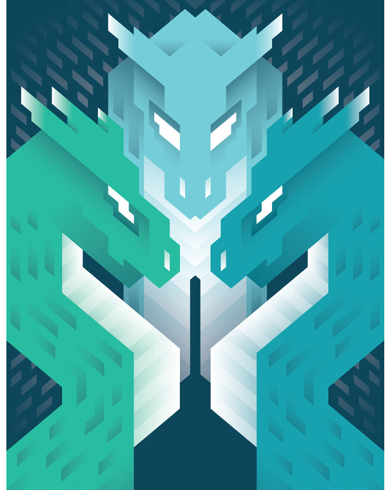 After echoing the treatment of one hydra head to the rest I began to explore background patterns. This first pattern was designed to mimic the hydra scales but was eventually abandoned.
