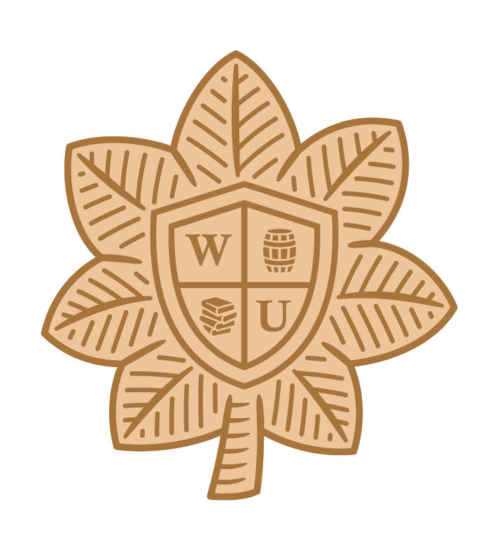 A stylized maple leaf with a shield in the center, divided into four sections with a W, a barrel, a stack of books, and a U.