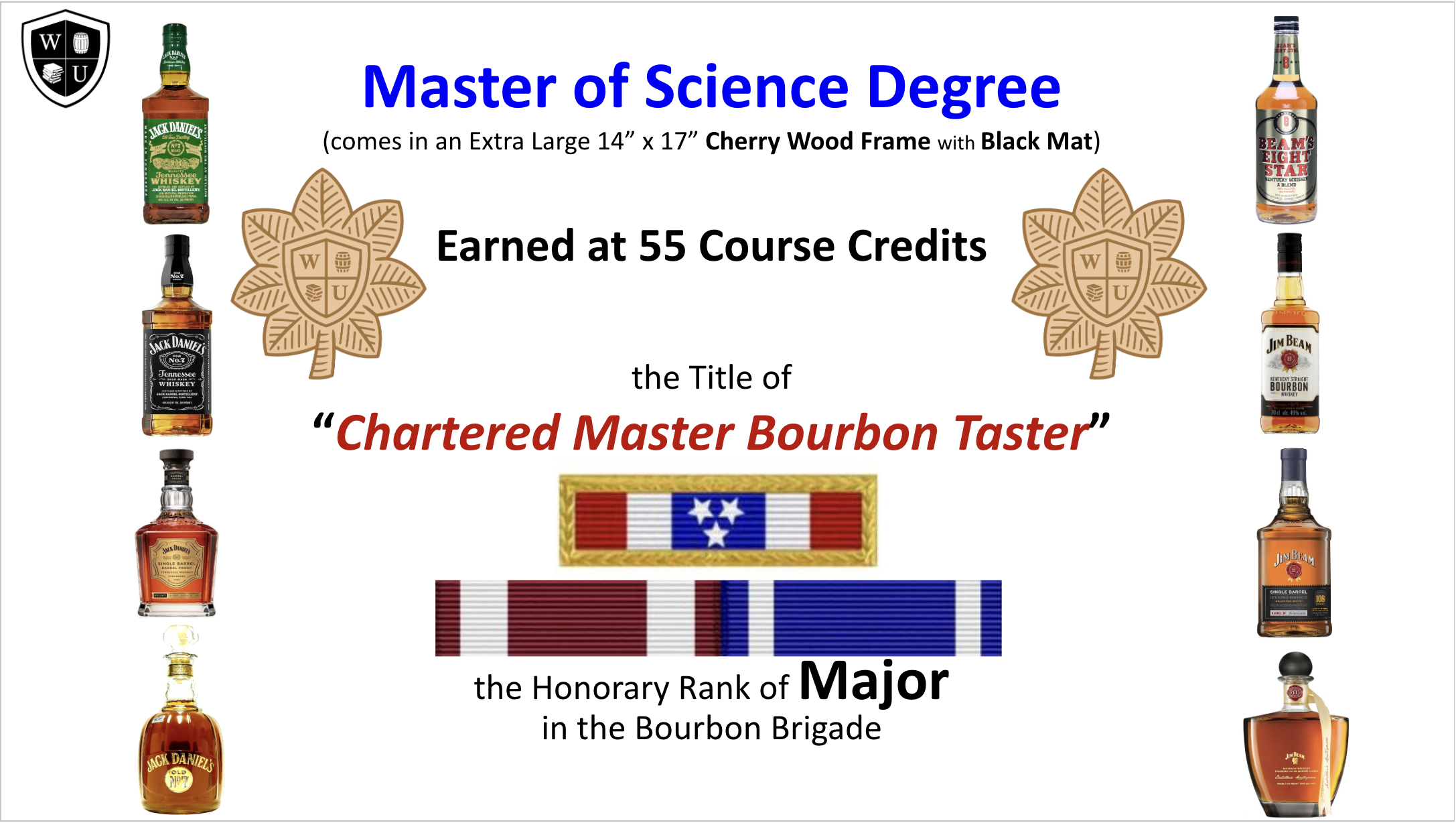 A humorous presentation slide styled like a military award certificate, stating the recipient as a Master of Science, awarded for earning 55 course credits, with the title 'Chartered Master Bourbon Taster'. The slide features various bottles of Jack Daniel's and Jim Beam bourbon whiskey along the sides, bronze medal-like emblems with a shield, and a ribbon medal below the title.