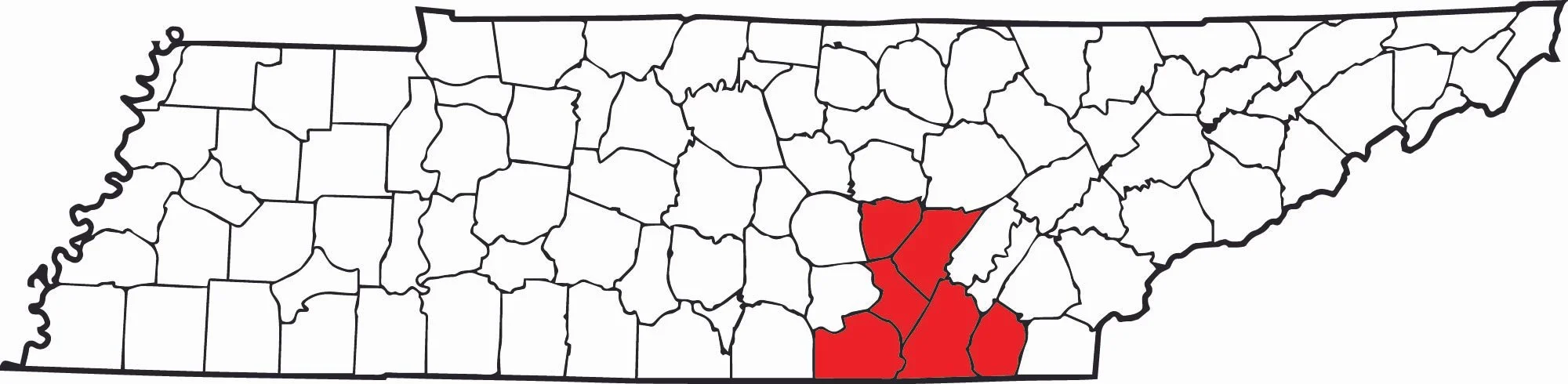 Map of Tennessee with some counties highlighted in red.
