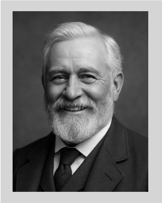 Black-and-white portrait of a smiling older man with a beard and mustache, wearing a suit and tie.