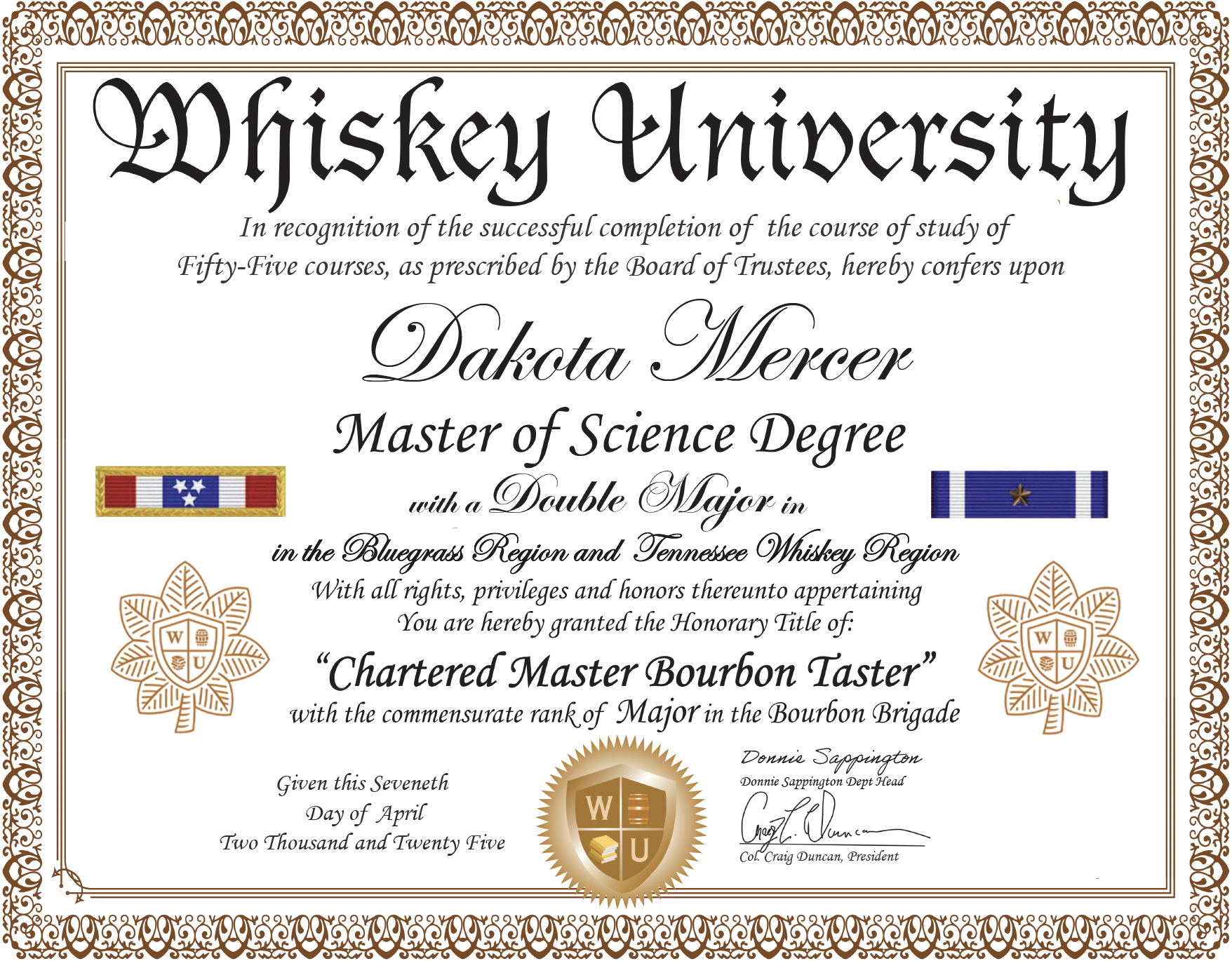 A diploma from Whiskey University awarded to Dakota Mercer for completing 55 courses, conferring the title of Chartered Master Bourbon Taster. The diploma features decorative borders, university logos, and signatures.