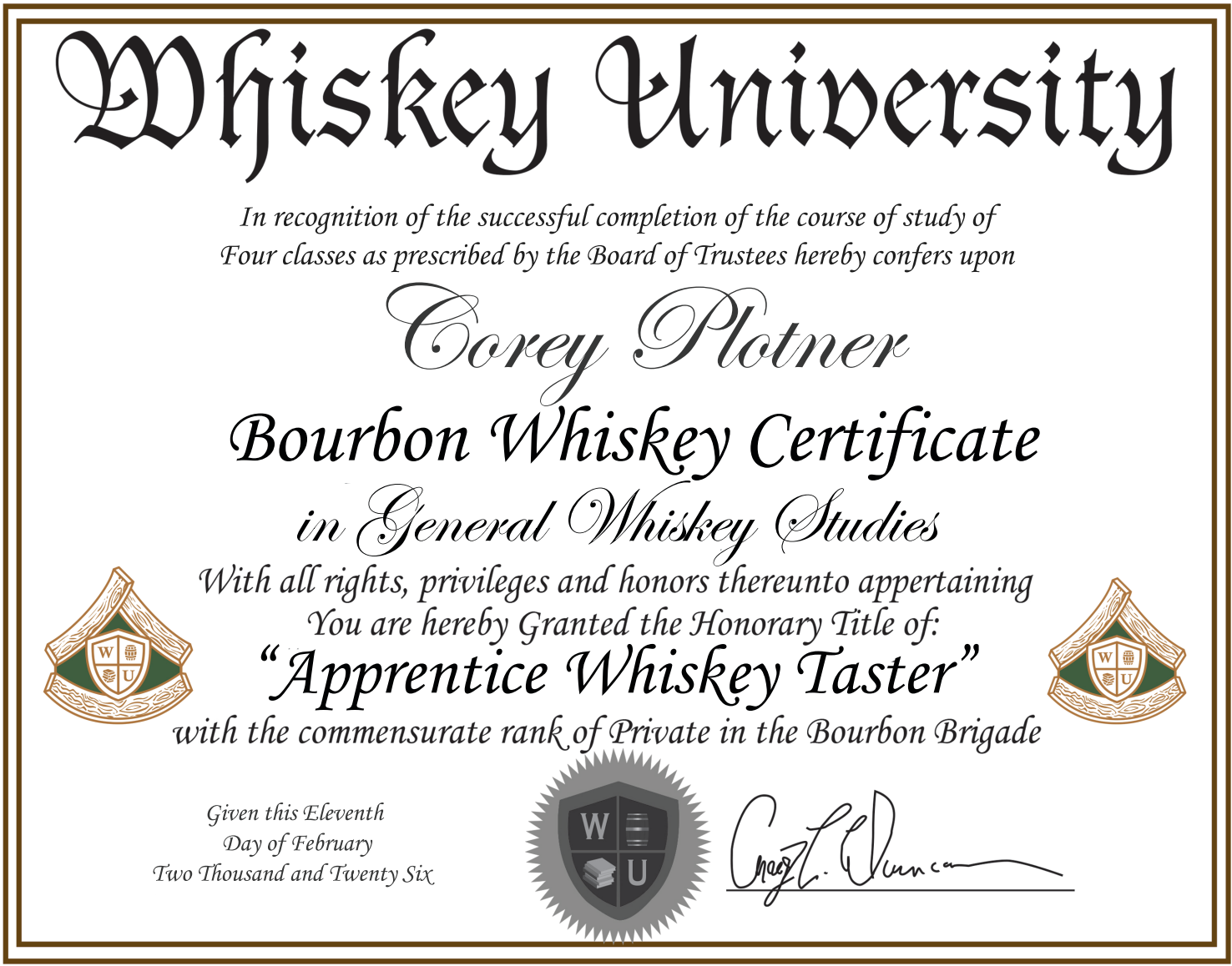 A whiskey university diploma awarded to Corey Plotner for Bourbon Whiskey Certificate in General Whiskey Studies, dated February 11, 2016, with school emblems and a signature.
