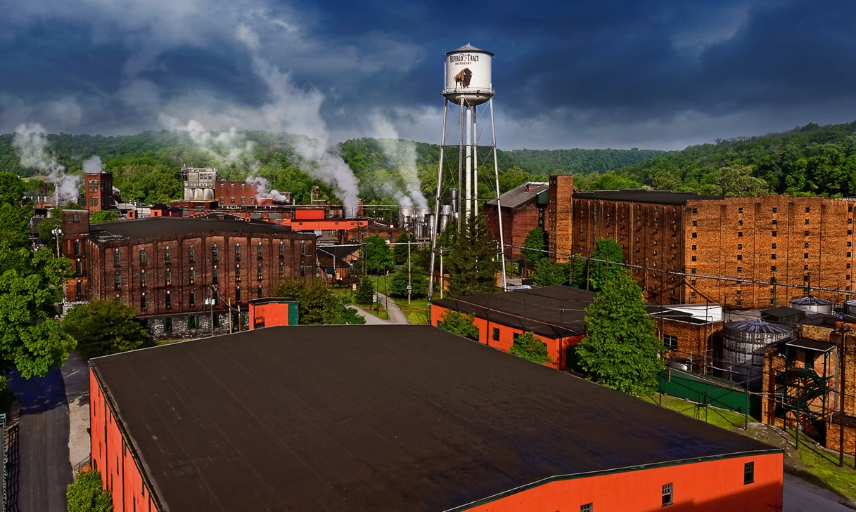 I picturesque view of the Buffalo Trace Distillery nested in foothills just outside Frankfort, Kentucky.
