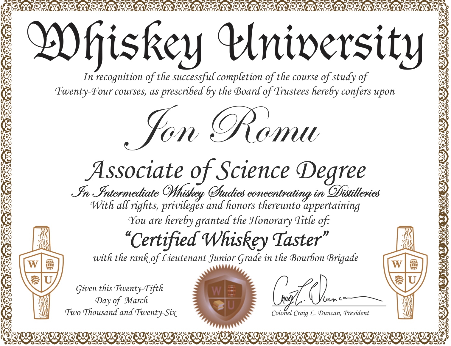 A whiskey university diploma certifying Jon Romu as a Certified Whiskey Taster, featuring ornate borders, whiskey-themed emblems, and signatures.