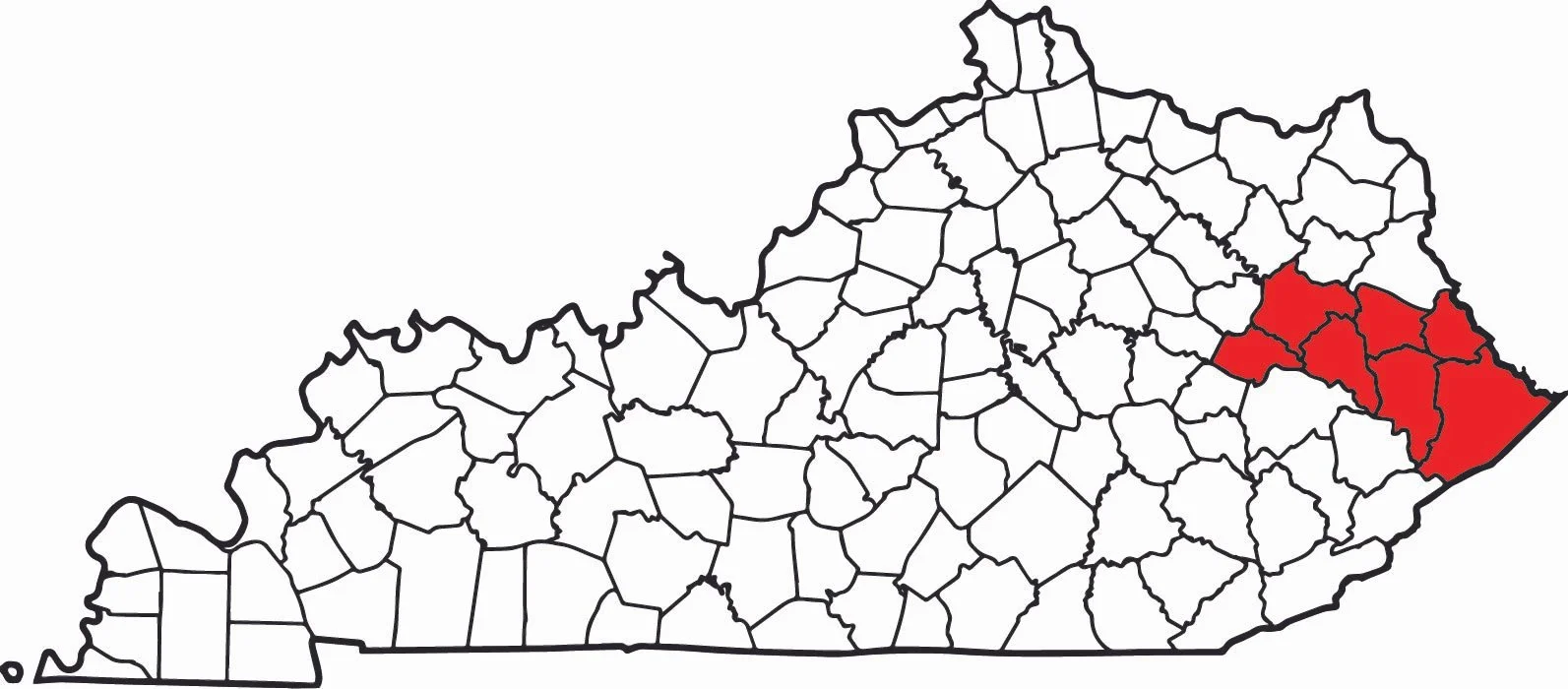 Map of Kentucky with the eastern counties shaded in red.