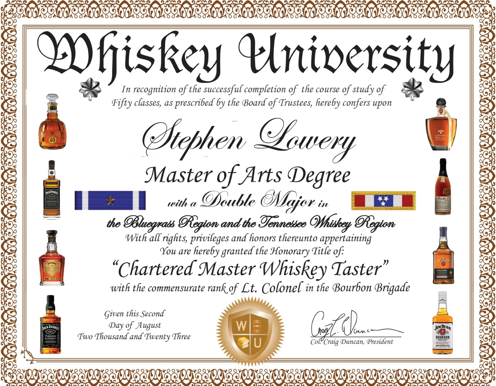Certificate of completion for Whiskey University awarded to Stephen Lowery, Master of Arts Degree with a Double Major in the Bluegrass Region and Tennessee Whiskey Region, signed by Col. Craig Duncan, with images of various whiskey bottles around the border.