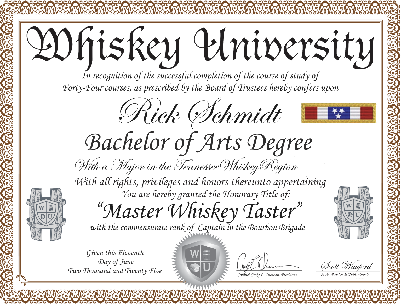 A humorous whiskey university diploma awarded to Rick Schmidt for earning the title of Master Whiskey Taster, with decorative borders, whiskey barrel emblems, and a Tennessee Whiskey Region emblem.