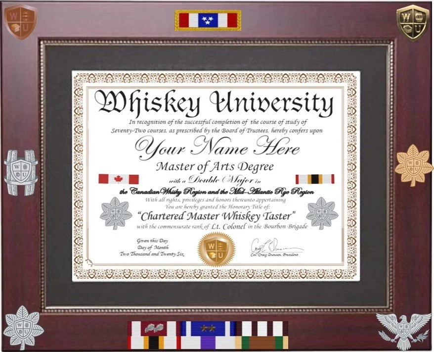Certificate from Whiskey University recognizing the completion of whiskey courses, awarded to an individual for earning a Master of Arts Degree with a double major in the Canadian Whisky Region and the Mid-Atlantic Rye Region. The certificate features various flags, medals, and decorative elements, with a maroon frame and a gold seal at the bottom.