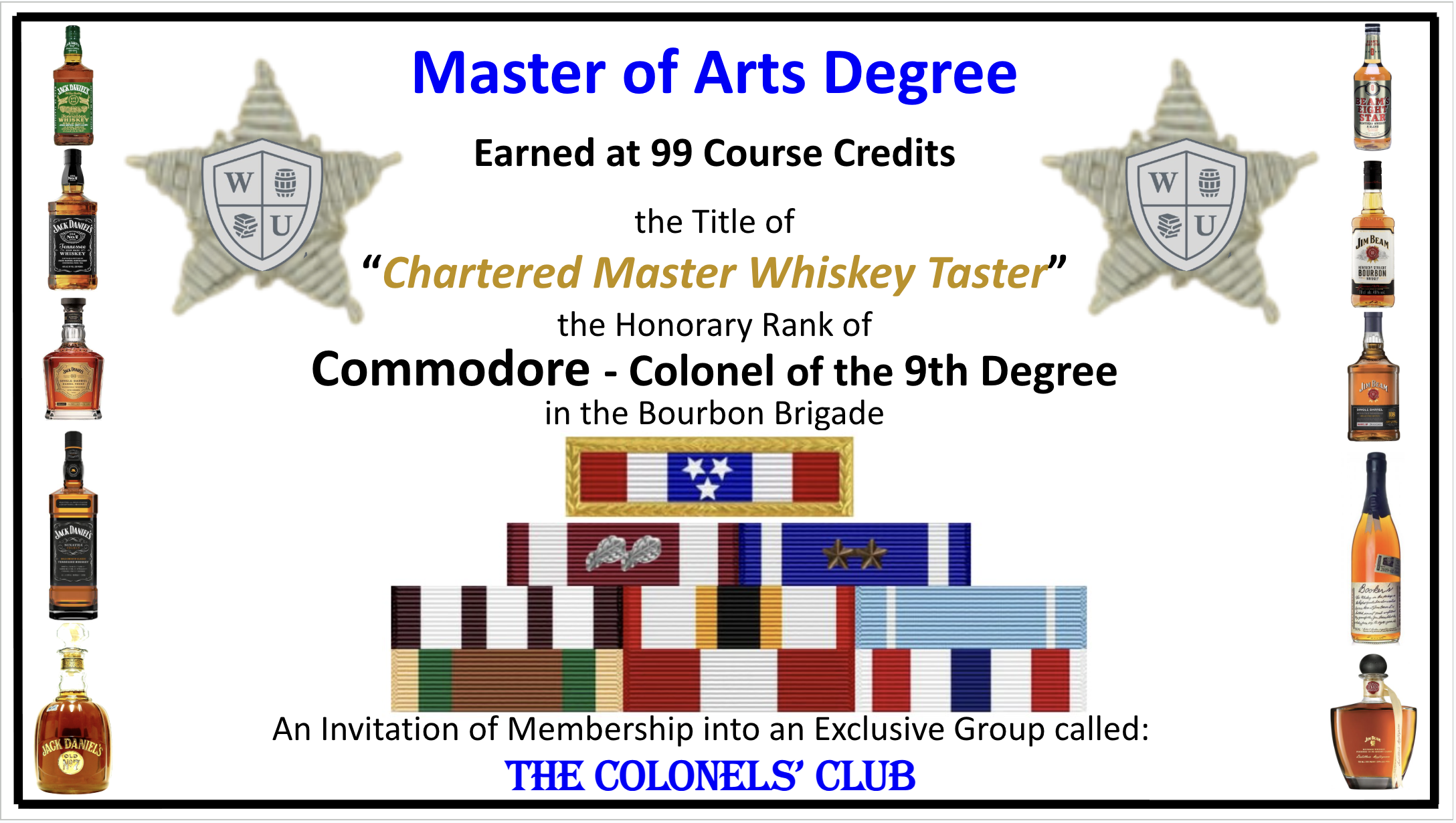 Certificate of achievement titled 'Master of Arts Degree' for earning 99 course credits, with the honorary rank of 'Chartered Master Whiskey Taster' as Commodore - Colonel of the 9th Degree, in the Bourbon Brigade. The certificate features images of whiskey bottles along the border and a backdrop of military medals and ribbons, along with text in various colors and fonts.