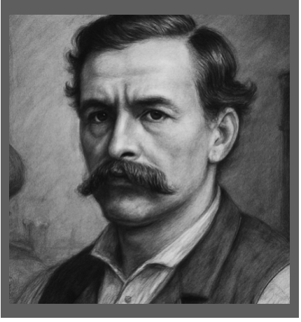Black and white portrait of a man with wavy hair and a thick mustache, wearing a collared shirt and jacket.