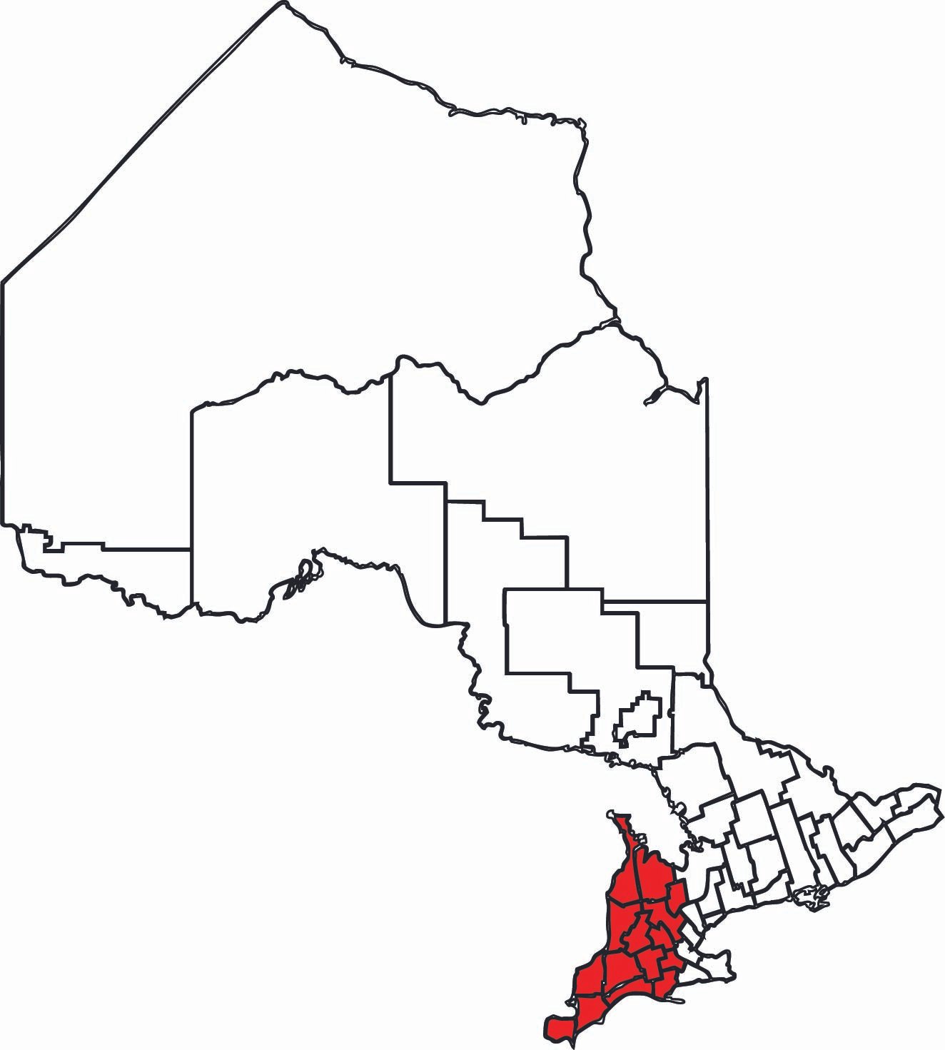 Map of Ontario with a specific region shaded in red.
